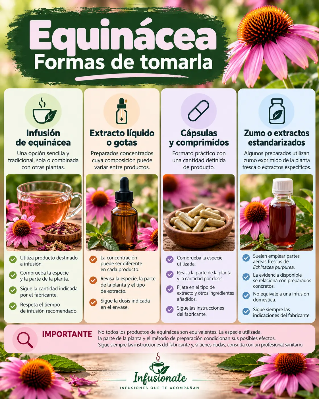 Infografía sobre equinácea en infusión, extracto líquido, cápsulas y preparados estandarizados