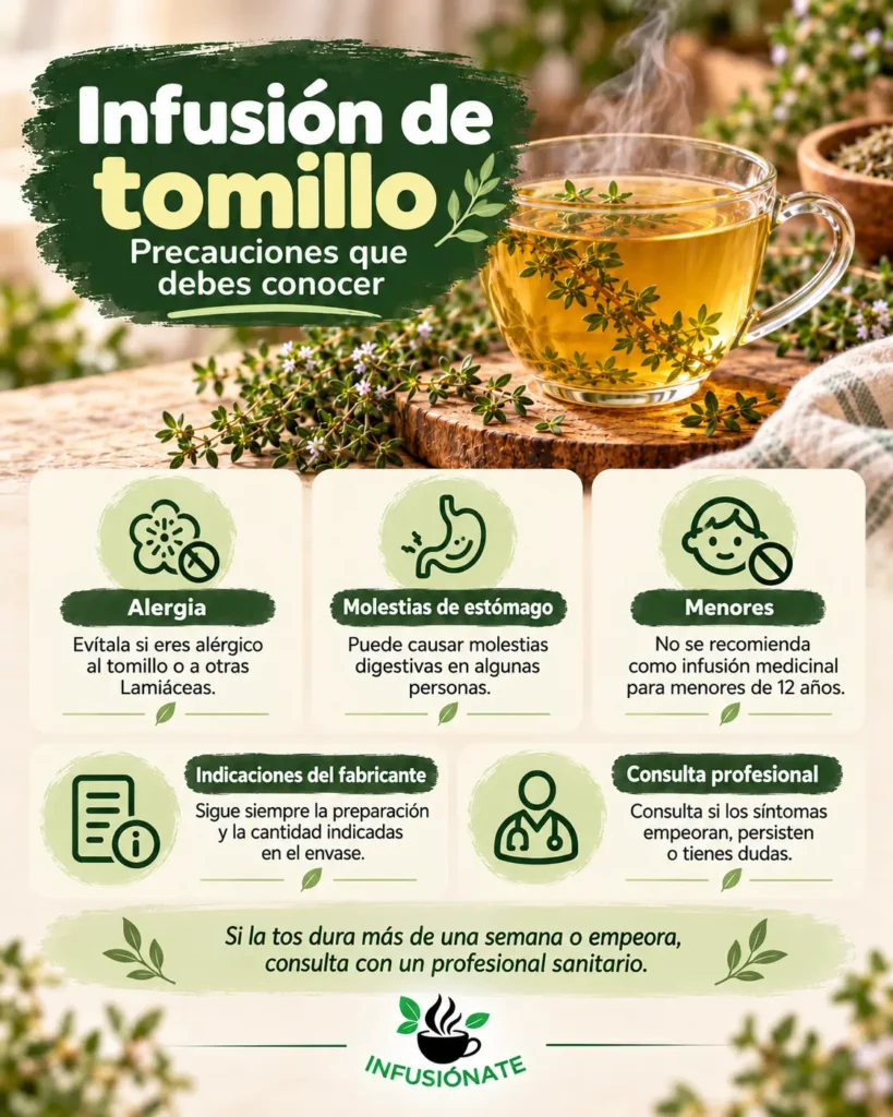 Infografía con precauciones de la infusión de tomillo sobre alergias, molestias digestivas, menores y síntomas persistentes