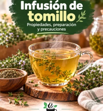 Taza de infusión de tomillo con ramas frescas y tomillo seco en un ambiente natural