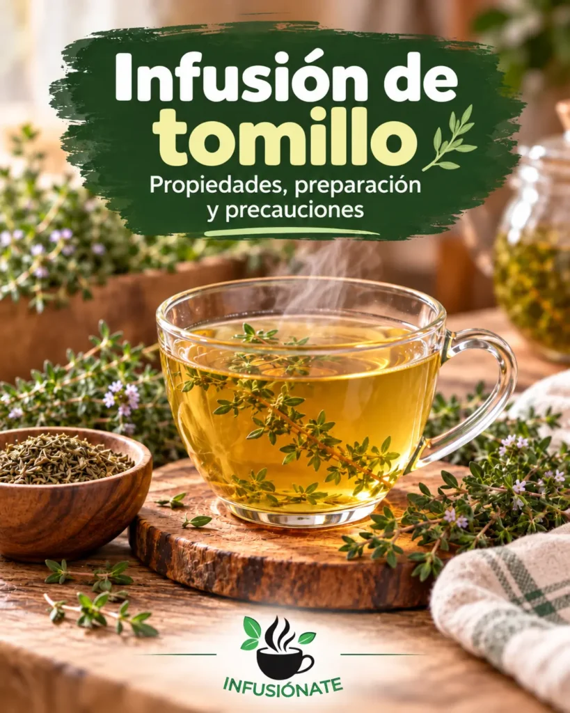 Taza de infusión de tomillo con ramas frescas y tomillo seco en un ambiente natural