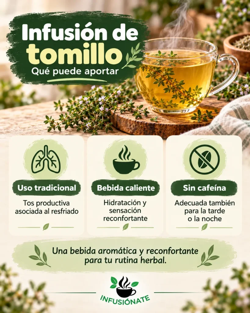 Infografía sobre el uso tradicional de la infusión de tomillo, su aporte como bebida caliente y la ausencia de cafeína