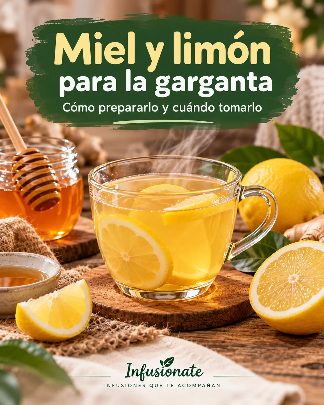 Taza tibia de miel y limón con limones frescos y un tarro de miel