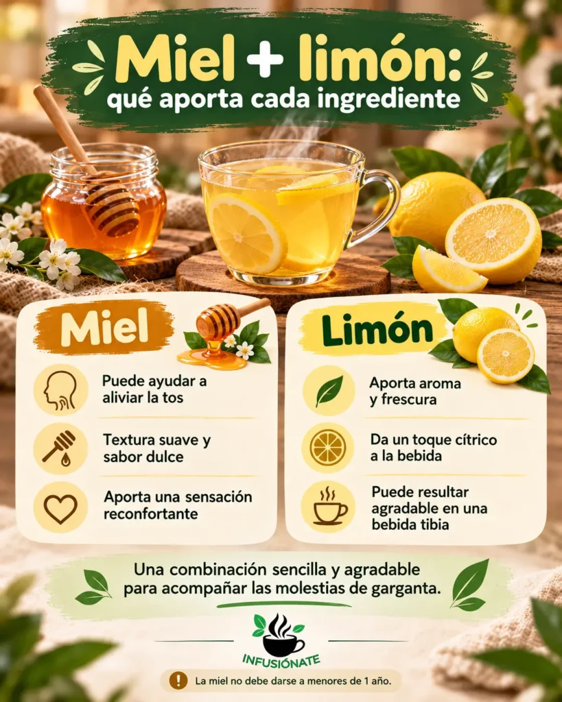 Infografía sobre qué aportan la miel y el limón en una bebida tibia para la garganta